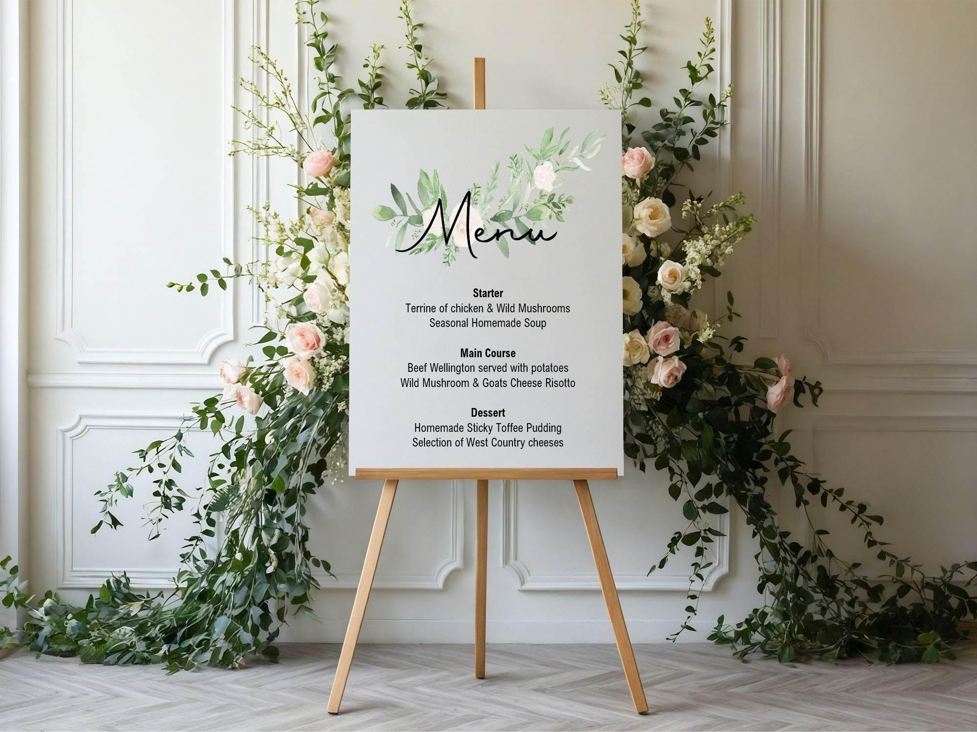 Green & White Rose Menu Wedding Party Sign - Larosier Prints