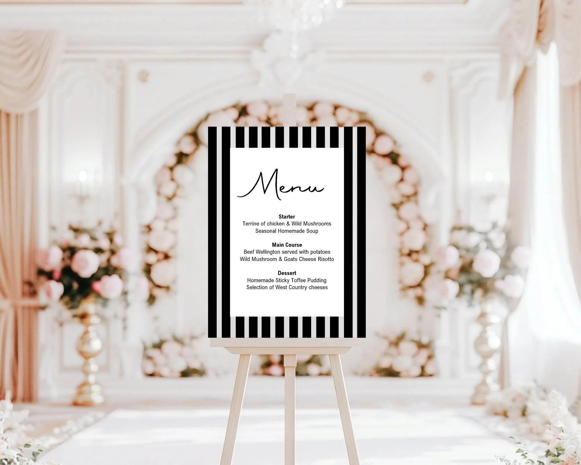 Black & White Stripe Menu Wedding Party Sign - Larosier Prints
