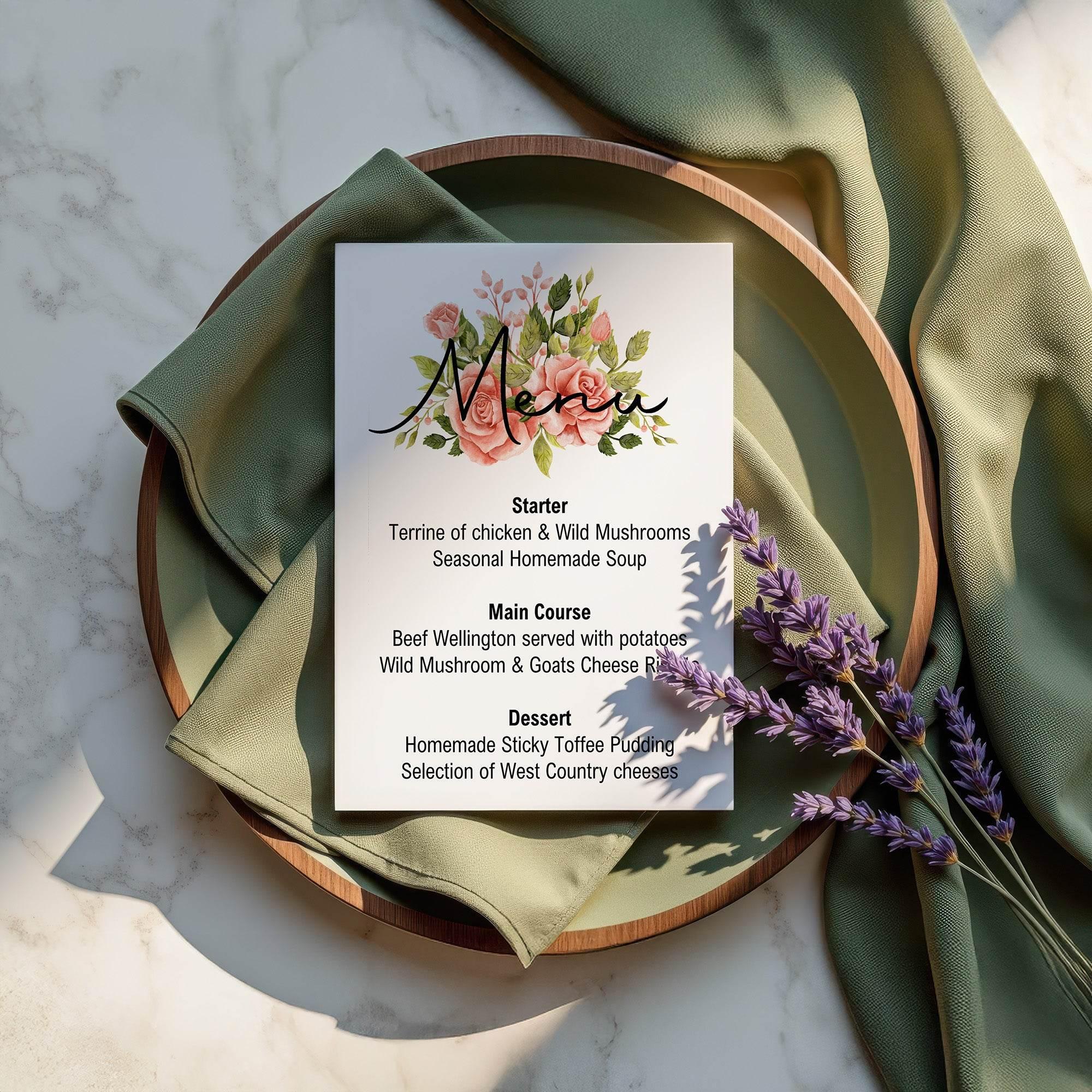 Pink Rose Menu Wedding Party Sign - Larosier Prints