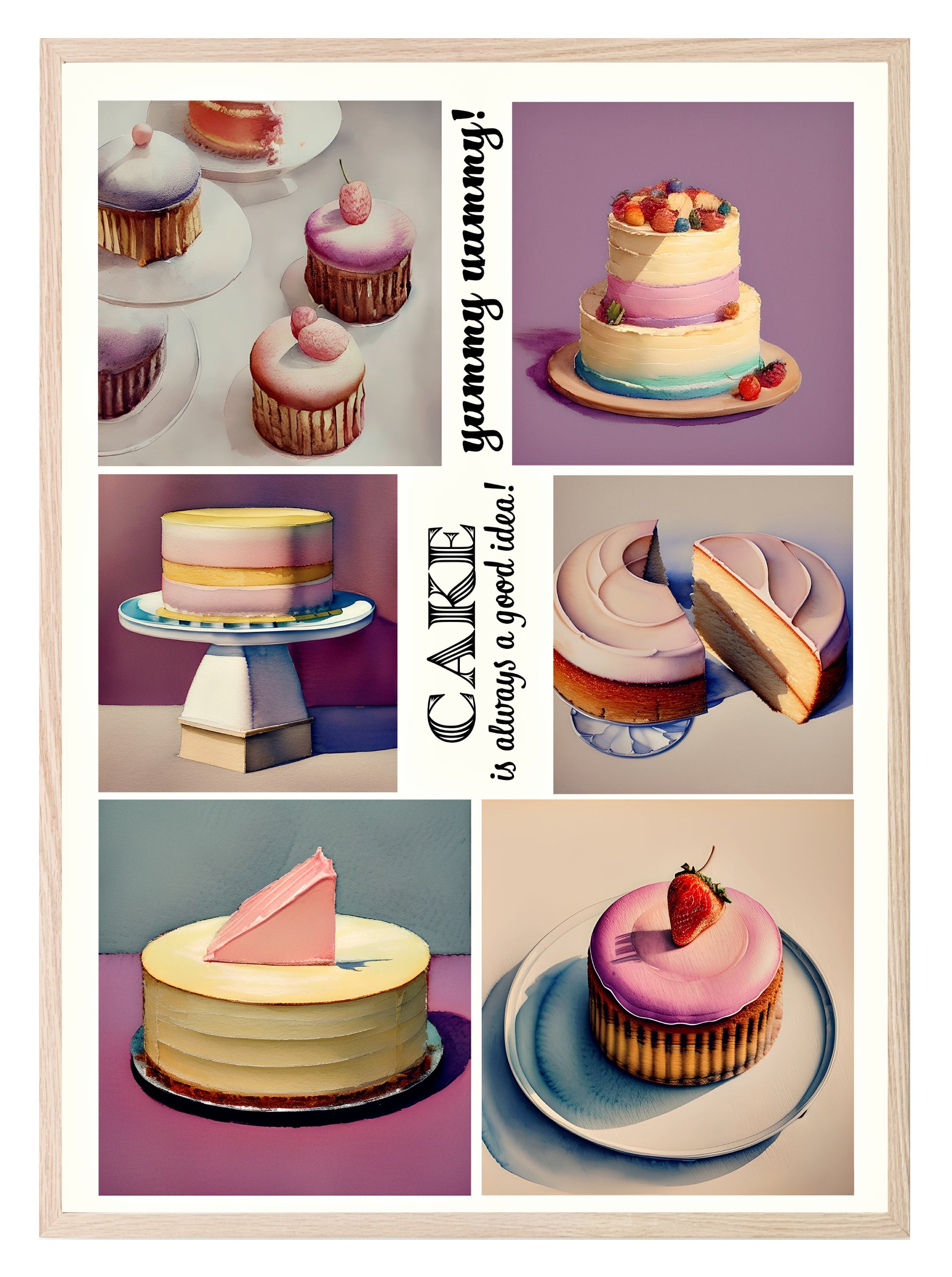 Watercolour Cakes Print | Vintage Style Wall Art Yummy Yummy!