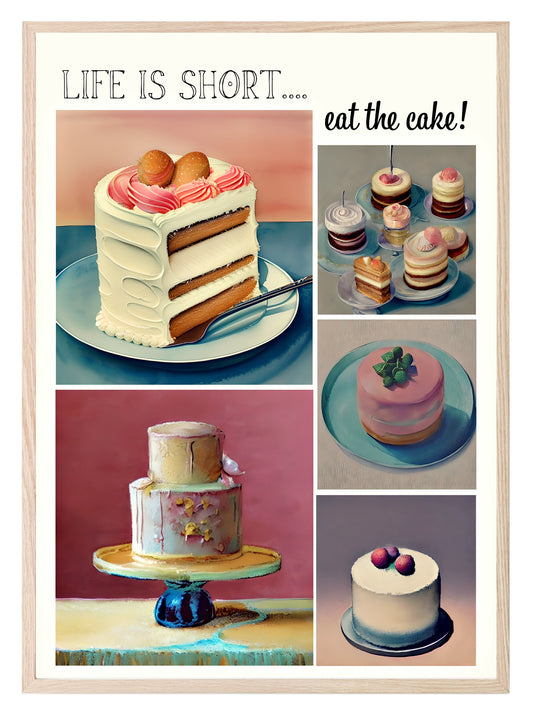 Watercolour Cakes Print | Vintage Style Wall Art Life Is Short...