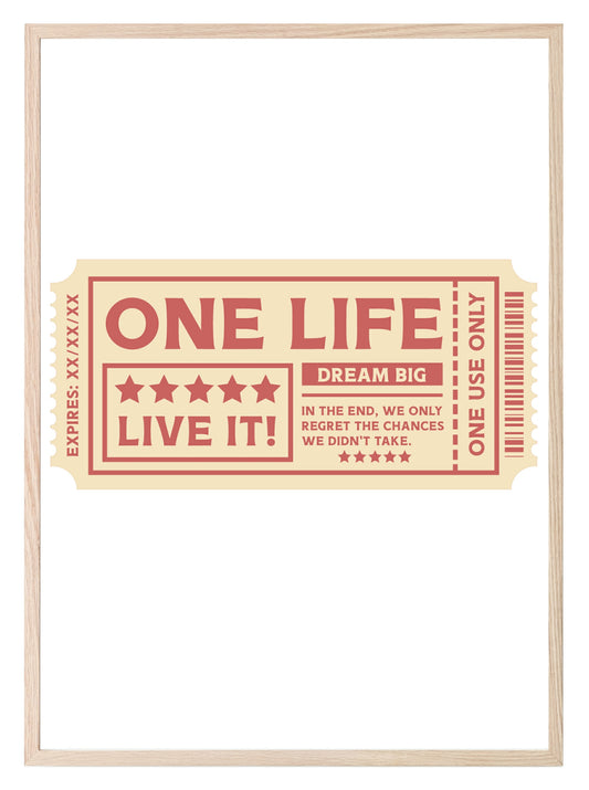 Retro Ticket To Life Print | One Life | Live It | Vintage Style Wall Art