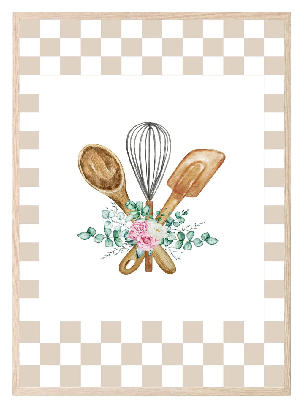 Hand Drawn Utensils Print | Floral | Checkerboard Pattern | Kitchen Wall Art - Larosier Prints