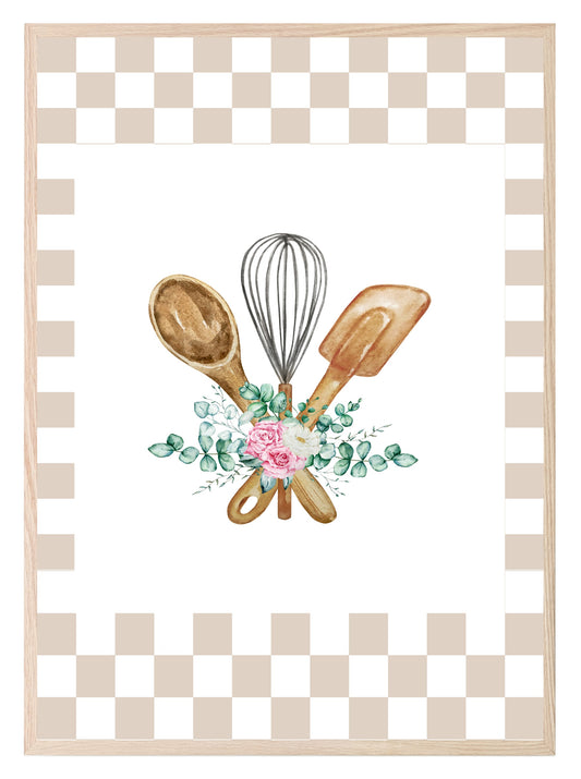 Hand Drawn Utensils Print | Floral | Checkerboard Pattern | Kitchen Wall Art