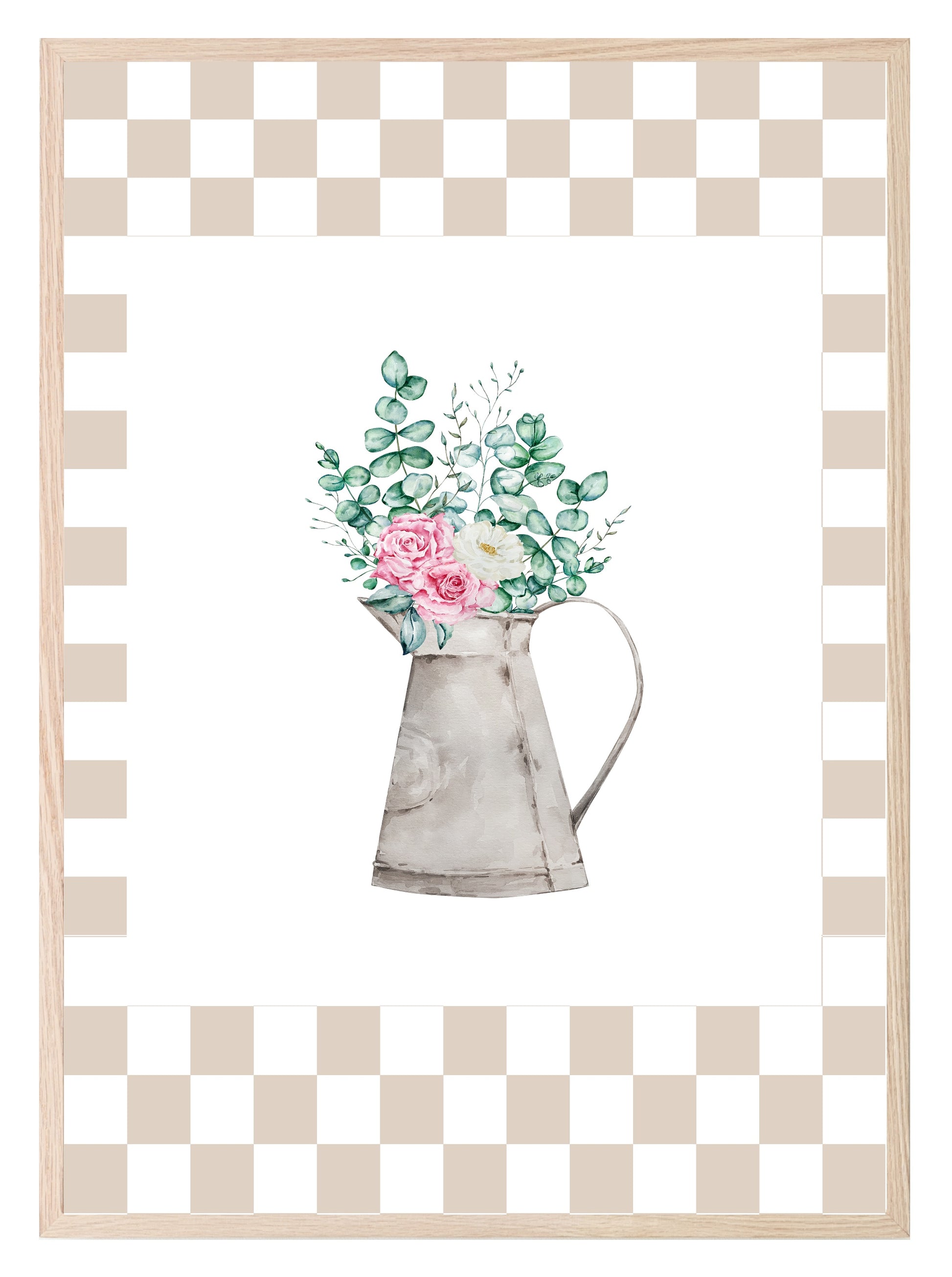 Hand Drawn Floral Jug Print | Checkerboard Pattern | Watercolour | Kitchen Wall Art