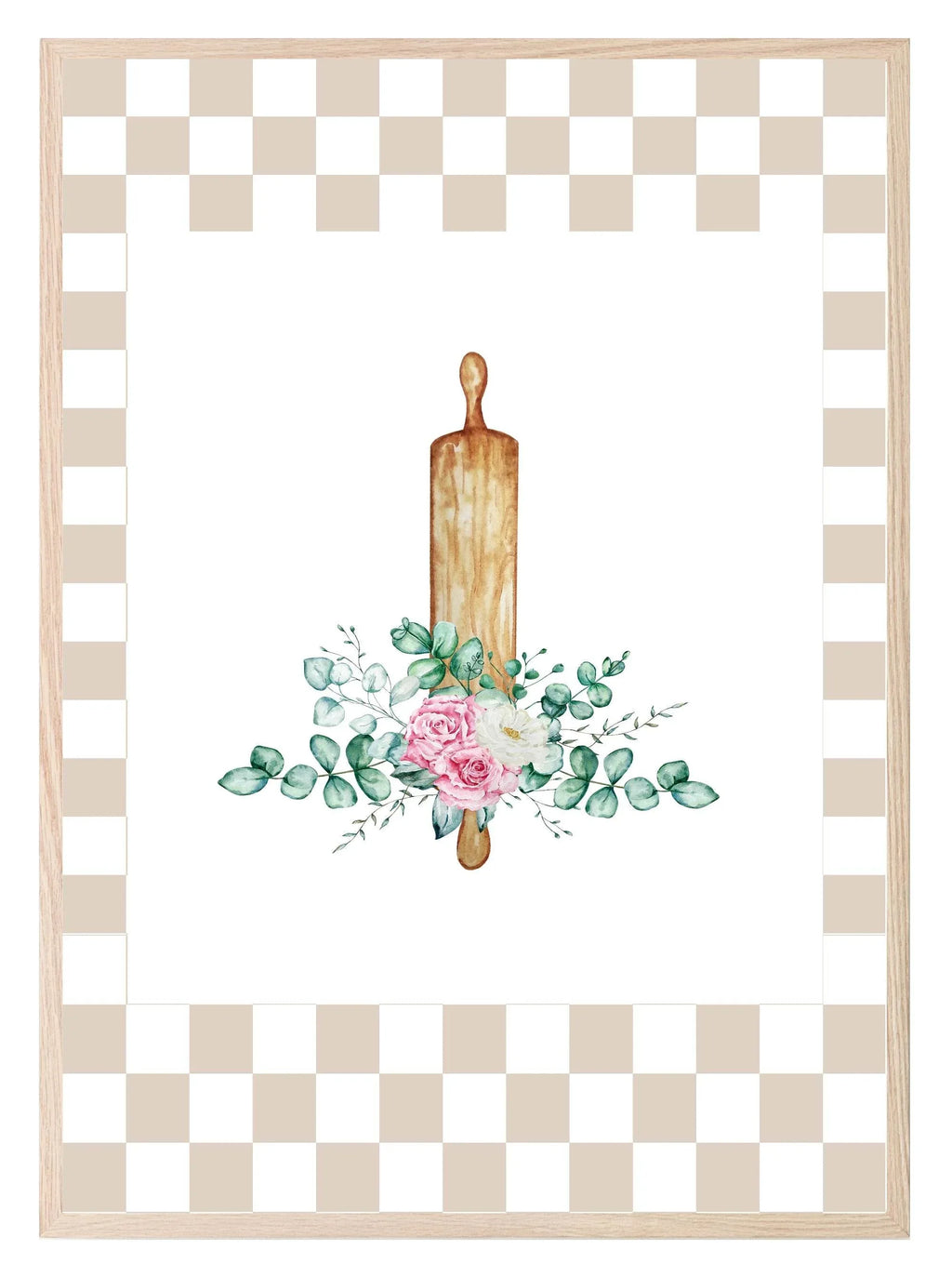 Floral Hand Drawn Baking Rolling Pin Print | Checkerboard Pattern | Watercolour | Kitchen Wall Art - Larosier Prints