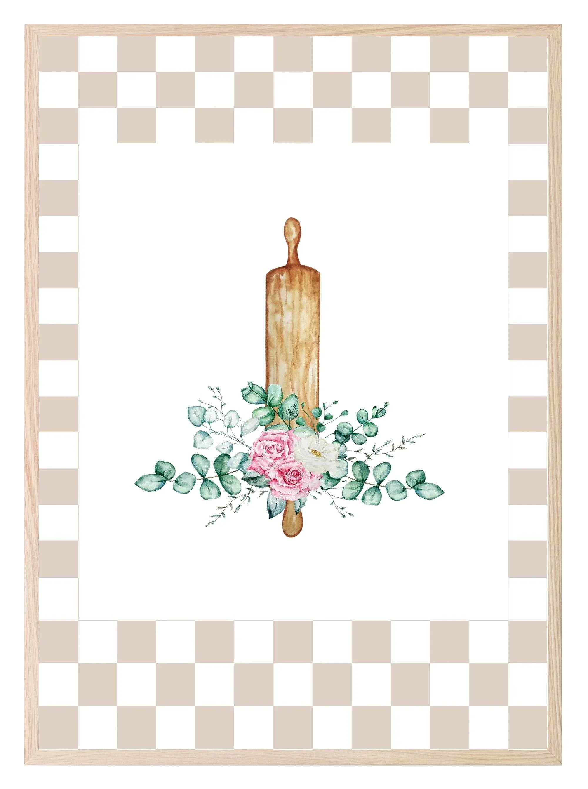 Floral Hand Drawn Baking Rolling Pin Print | Checkerboard Pattern | Watercolour | Kitchen Wall Art - Larosier Prints