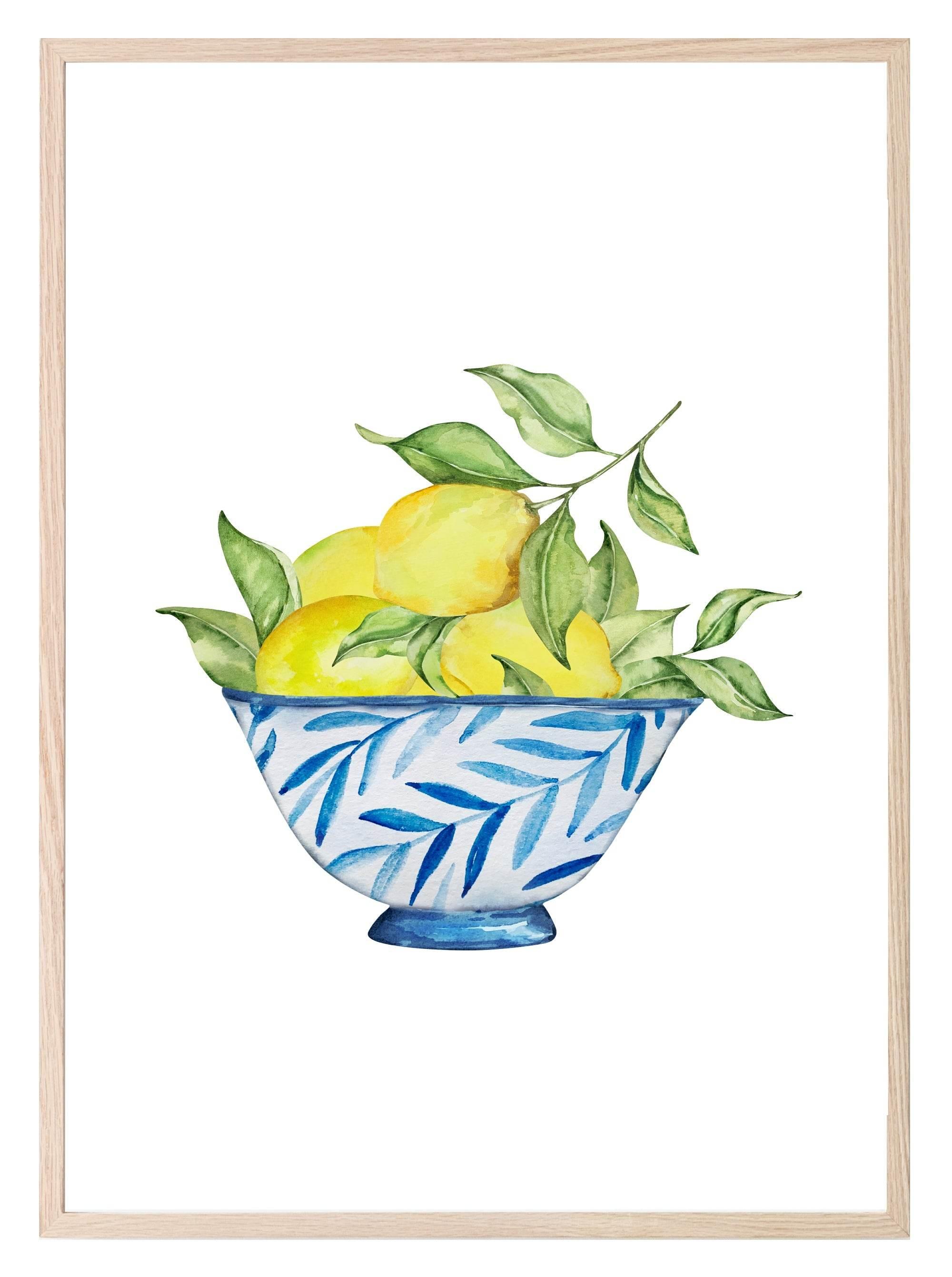 Hand Drawn Lemons In A Bowl Print | Watercolour | Kitchen Wall Art - Larosier Prints