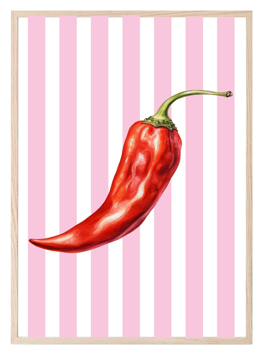 Watercolour Chilli Print | Pink Stripes | Kitchen Wall Art