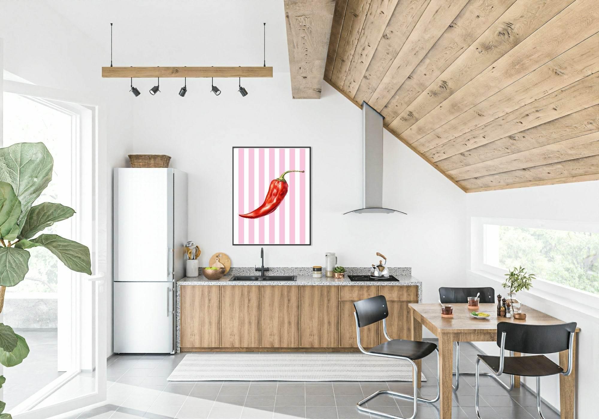 Watercolour Chilli Print | Pink Stripes | Kitchen Wall Art - Larosier Prints