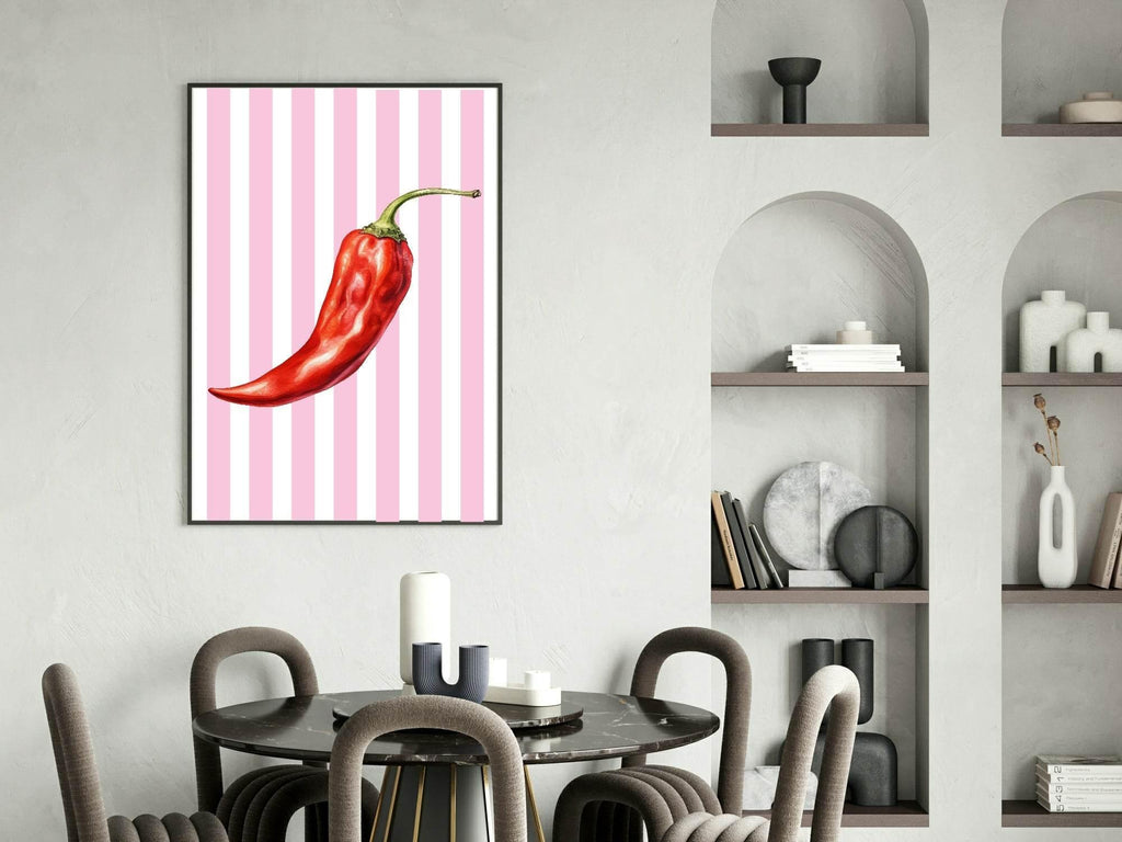 Watercolour Chilli Print | Pink Stripes | Kitchen Wall Art - Larosier Prints
