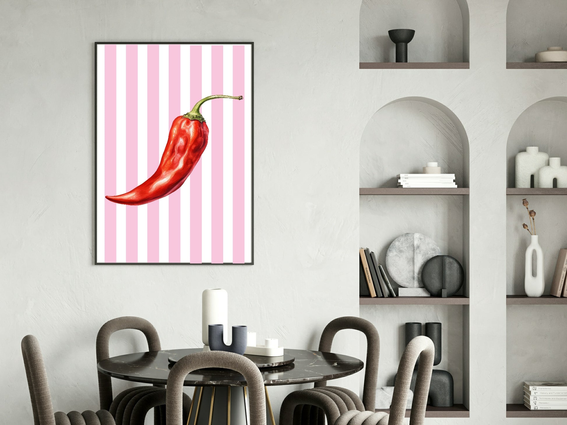 Watercolour Chilli Print | Pink Stripes | Kitchen Wall Art