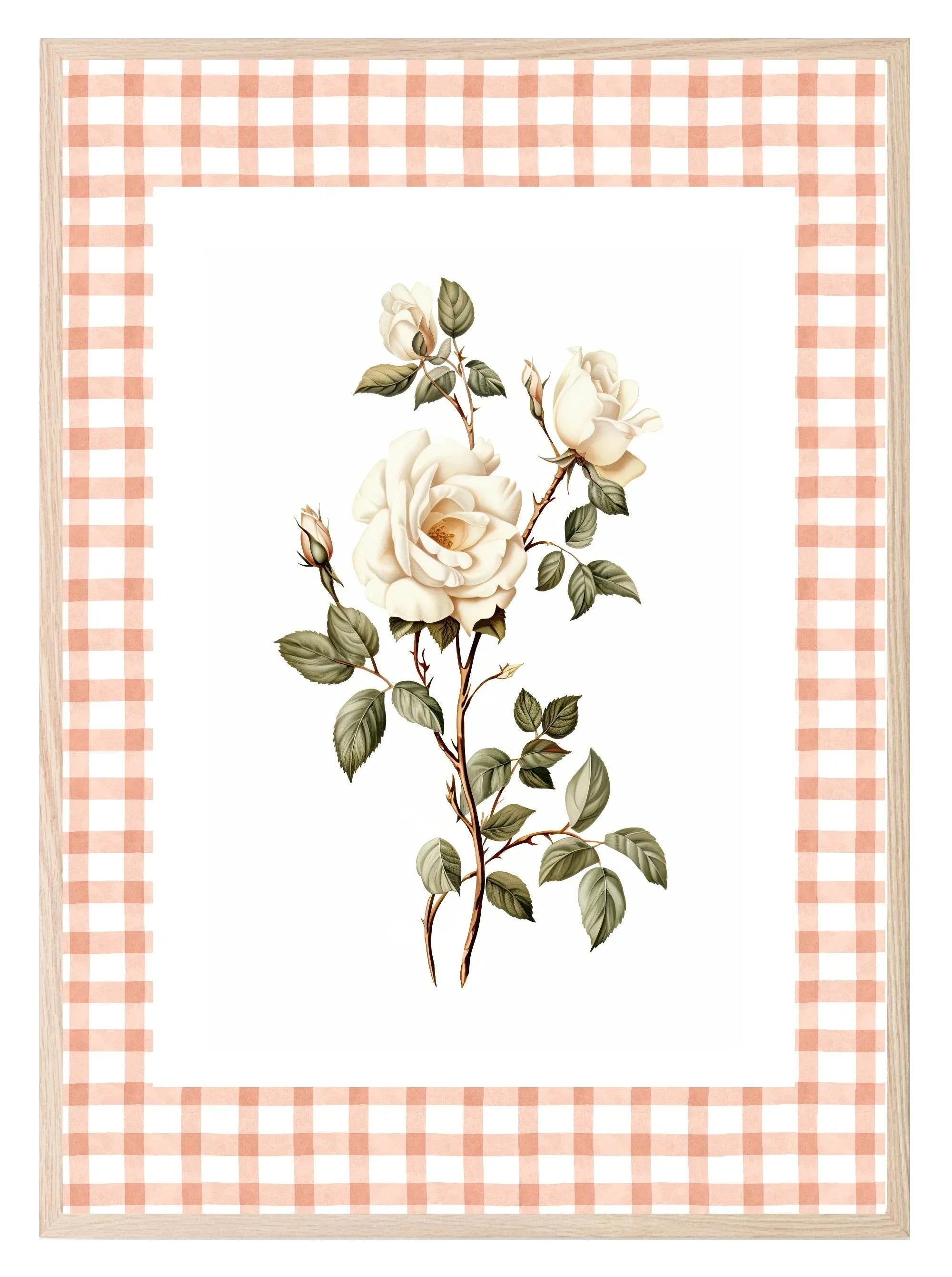 White Roses Print | Checkerboard Pattern | Floral | Vintage Style Wall Art - Larosier Prints