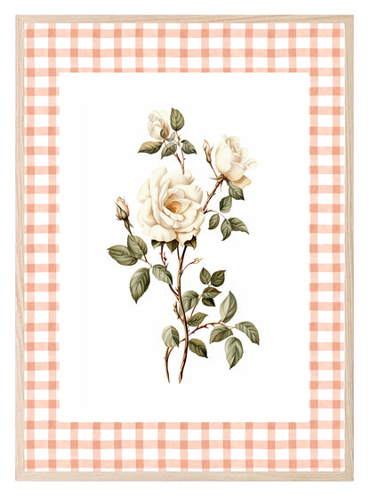 White Roses Print | Checkerboard Pattern | Floral | Vintage Style Wall Art