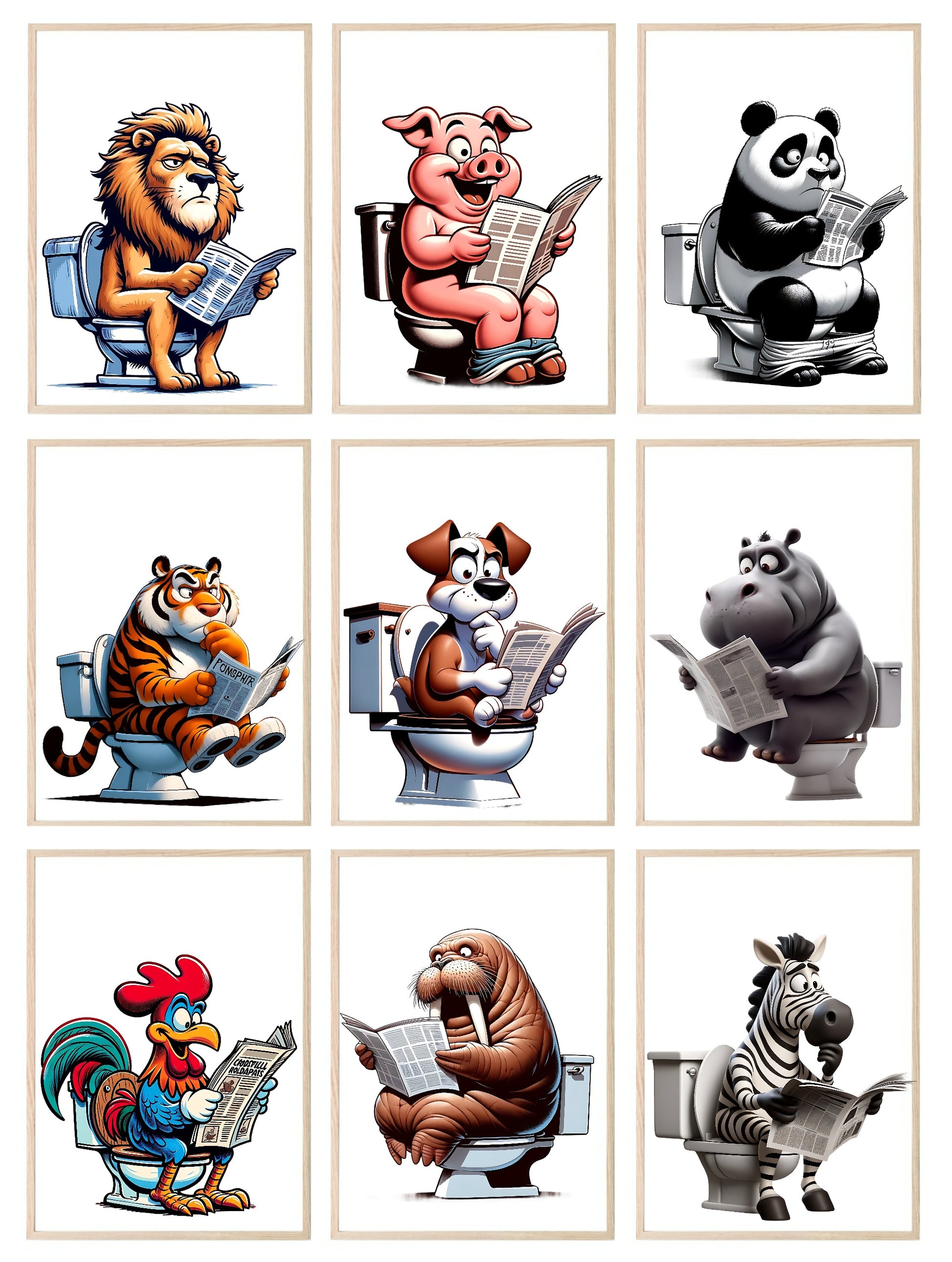 Animal Reading Newspaper On Toilet Collection | Lion | Pig | Panda | Tiger | Dog | Hippo | Chicken | Walrus | Zebra | Humorous Wall Art