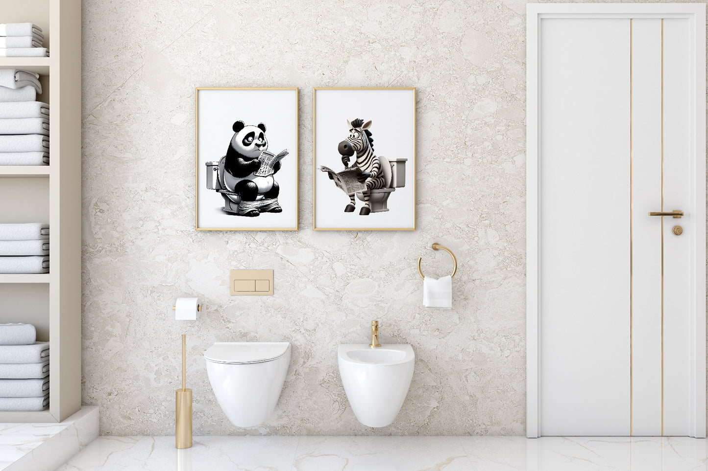 Animal Reading Newspaper On Toilet Collection | Lion | Pig | Panda | Tiger | Dog | Hippo | Chicken | Walrus | Zebra | Humorous Wall Art