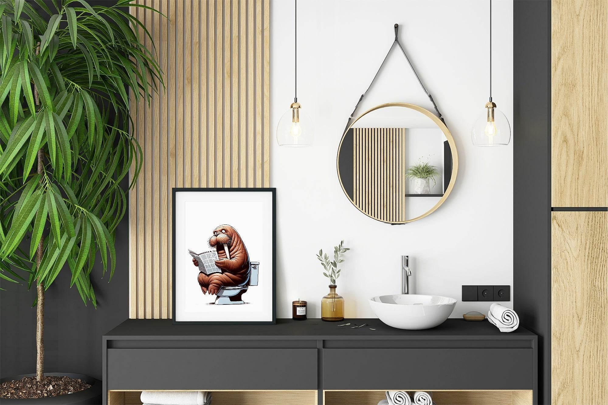 Animal Reading Newspaper On Toilet Collection | Lion | Pig | Panda | Tiger | Dog | Hippo | Chicken | Walrus | Zebra | Humorous Wall Art - Larosier Prints