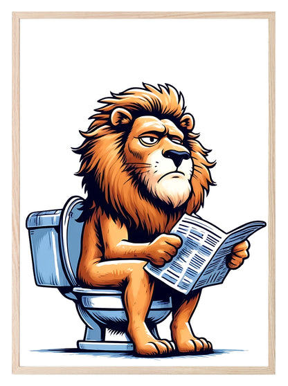 Animal Reading Newspaper On Toilet Collection | Lion | Pig | Panda | Tiger | Dog | Hippo | Chicken | Walrus | Zebra | Humorous Wall Art Lion