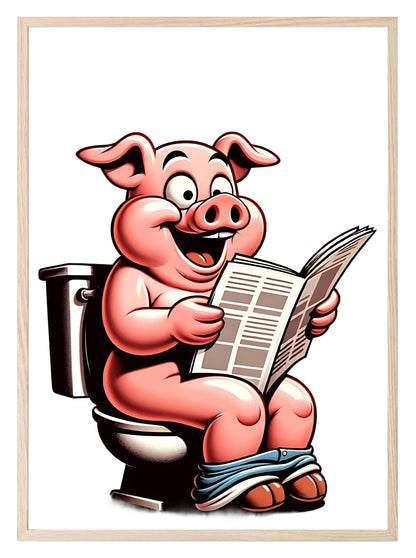 Animal Reading Newspaper On Toilet Collection | Lion | Pig | Panda | Tiger | Dog | Hippo | Chicken | Walrus | Zebra | Humorous Wall Art Pig