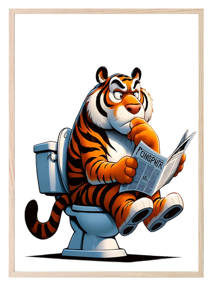 Animal Reading Newspaper On Toilet Collection | Lion | Pig | Panda | Tiger | Dog | Hippo | Chicken | Walrus | Zebra | Humorous Wall Art Tiger