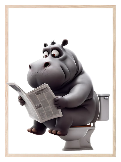 Animal Reading Newspaper On Toilet Collection | Lion | Pig | Panda | Tiger | Dog | Hippo | Chicken | Walrus | Zebra | Humorous Wall Art Hippo