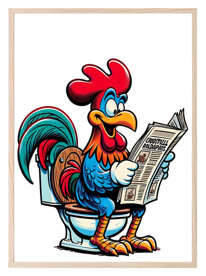 Animal Reading Newspaper On Toilet Collection | Lion | Pig | Panda | Tiger | Dog | Hippo | Chicken | Walrus | Zebra | Humorous Wall Art Chicken