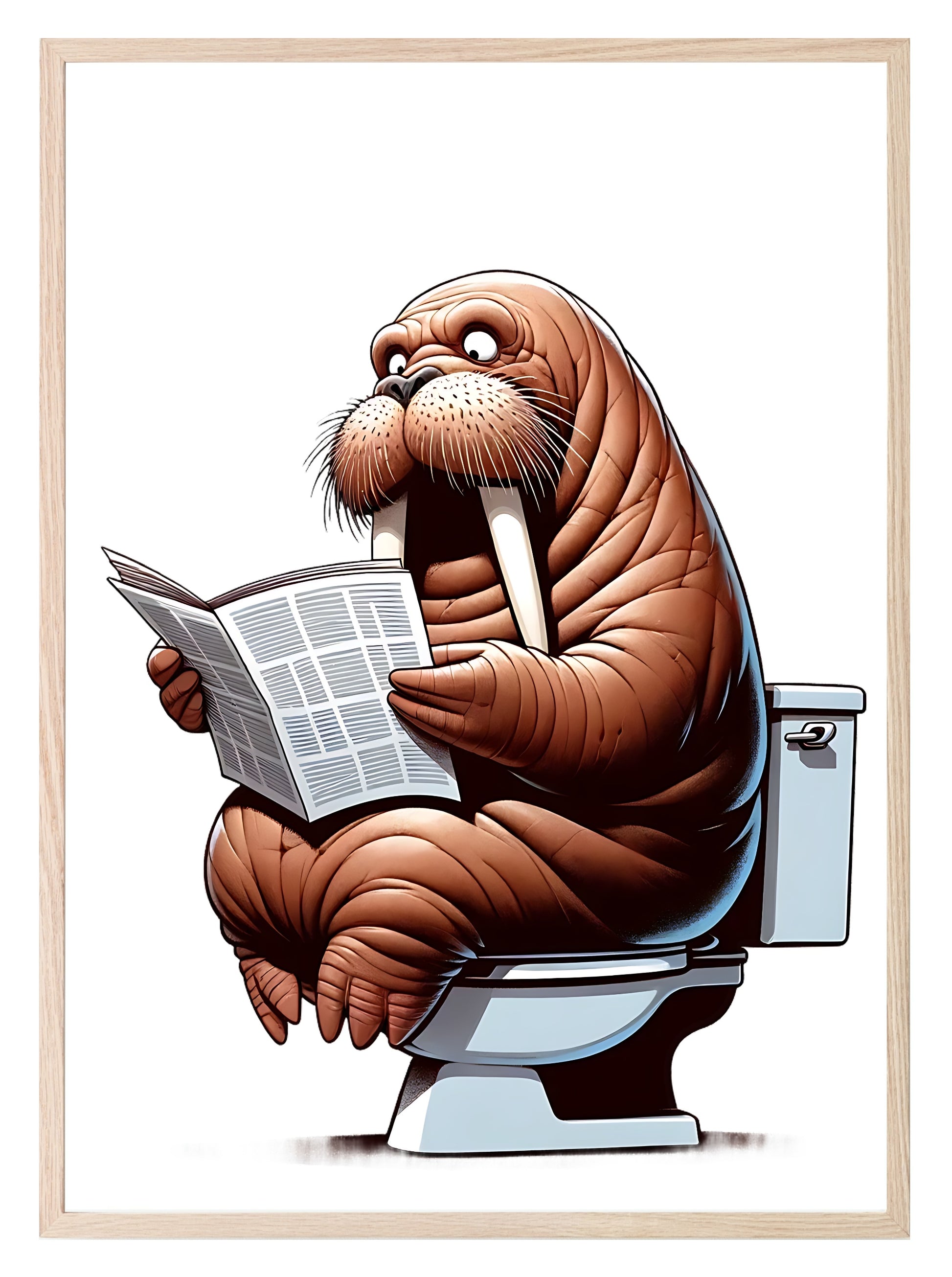 Animal Reading Newspaper On Toilet Collection | Lion | Pig | Panda | Tiger | Dog | Hippo | Chicken | Walrus | Zebra | Humorous Wall Art Walrus