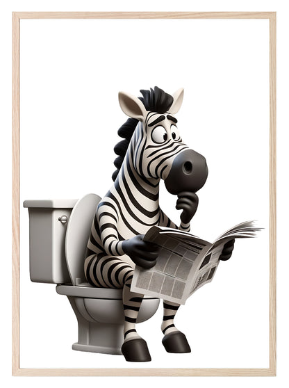 Animal Reading Newspaper On Toilet Collection | Lion | Pig | Panda | Tiger | Dog | Hippo | Chicken | Walrus | Zebra | Humorous Wall Art Zebra