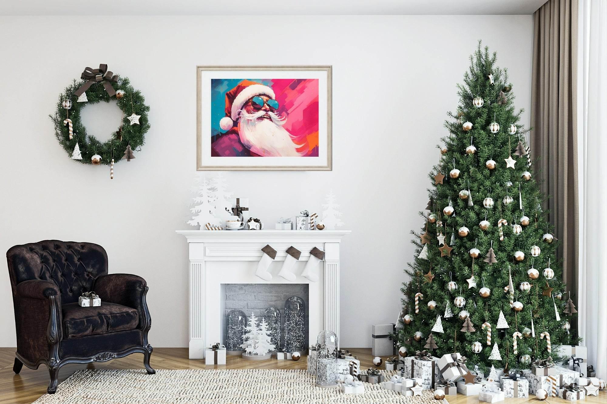 Retro Pink Santa With Sunglasses Print | Christmas Wall Art - Larosier Prints