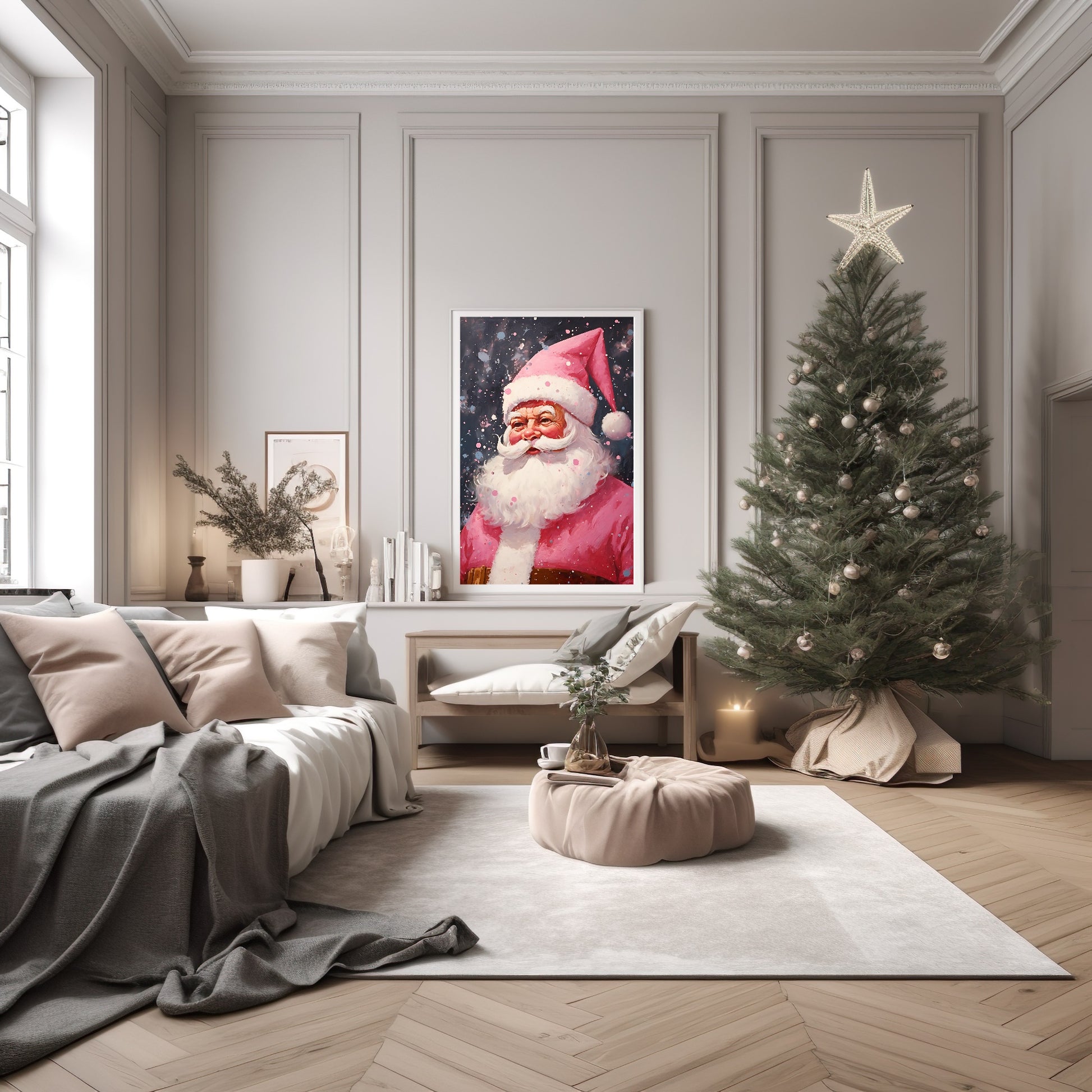 Retro Pink Santa Claus Print | Christmas Wall Art