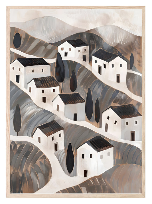 Houses On A Hill Oil Painting Print | Abstract Wall Art