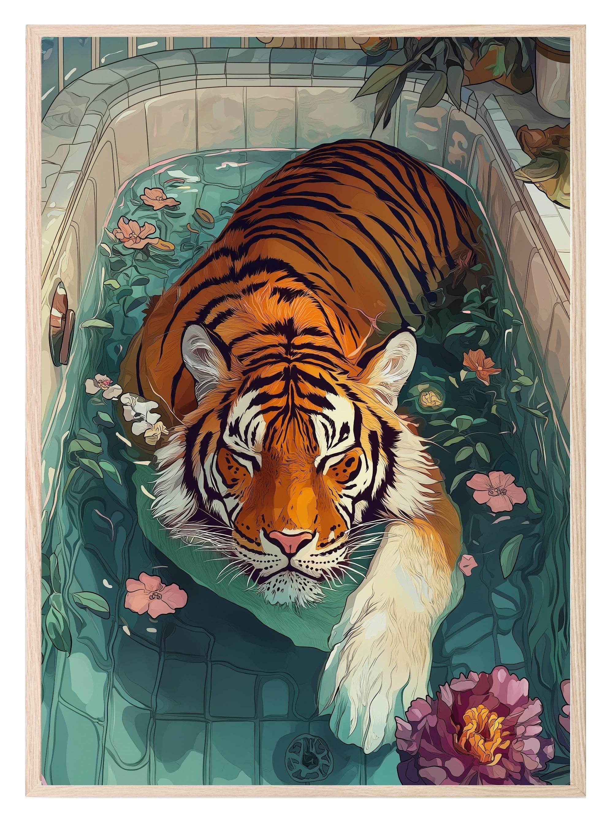 Tiger In The Bath Print | Bathroom Wall Art - Larosier Prints