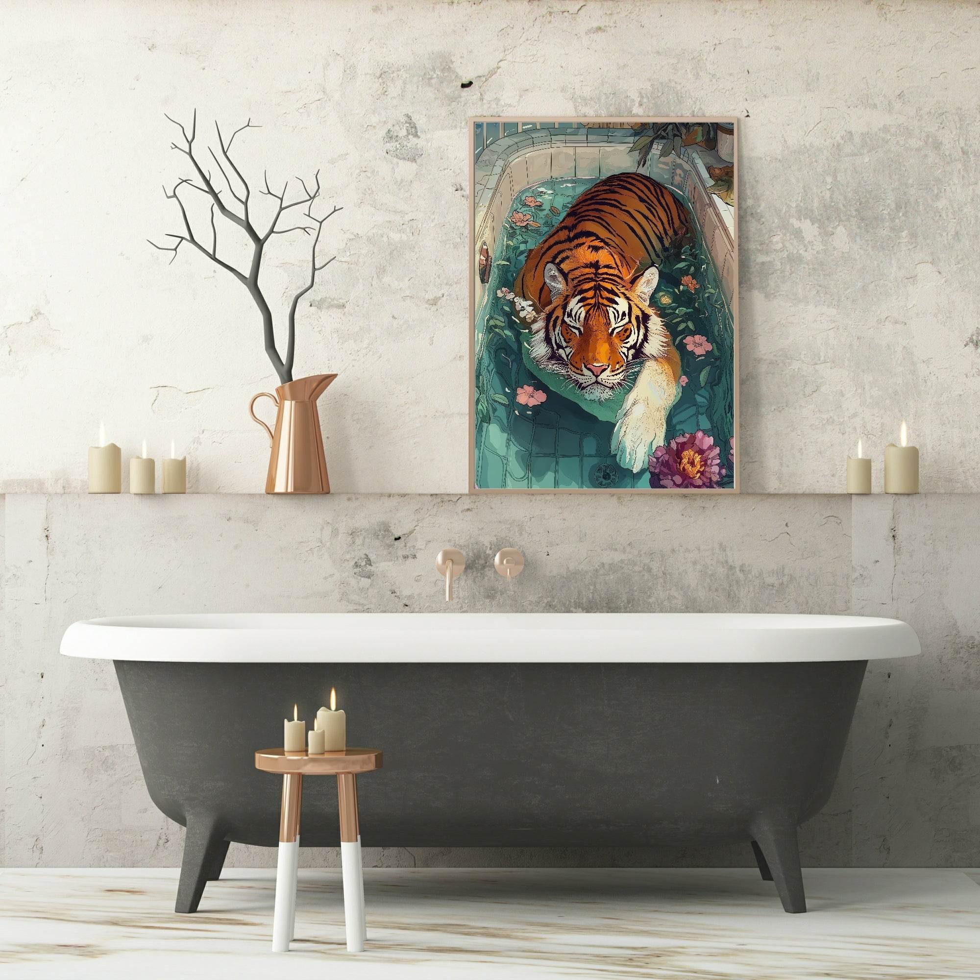 Tiger In The Bath Print | Bathroom Wall Art - Larosier Prints