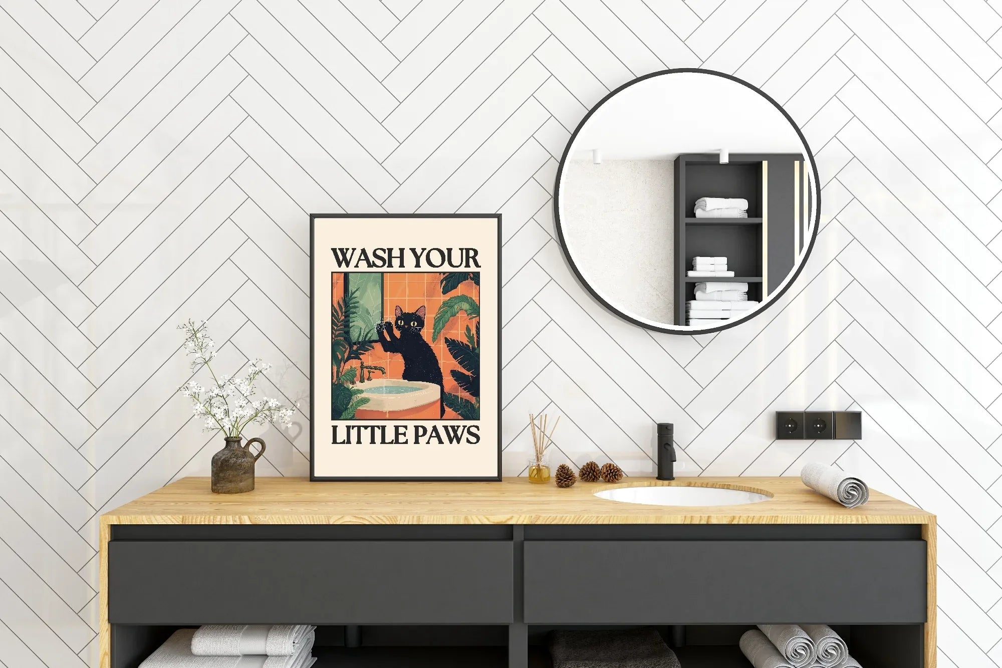 Wash Your Little Paws Cat Print | Bathroom Wall Art - Larosier Prints