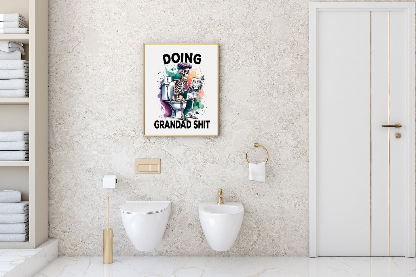 Doing Grandad Shit Print | Skeleton Reading Newspaper | Bathroom Wall Art