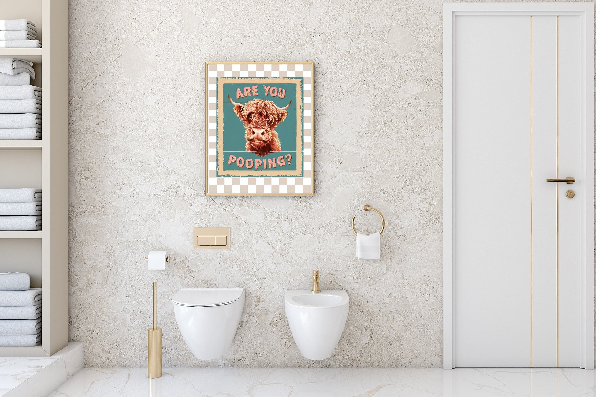 Are You Pooping Highland Cow Print | Checkerboard | Bathroom Wall Art