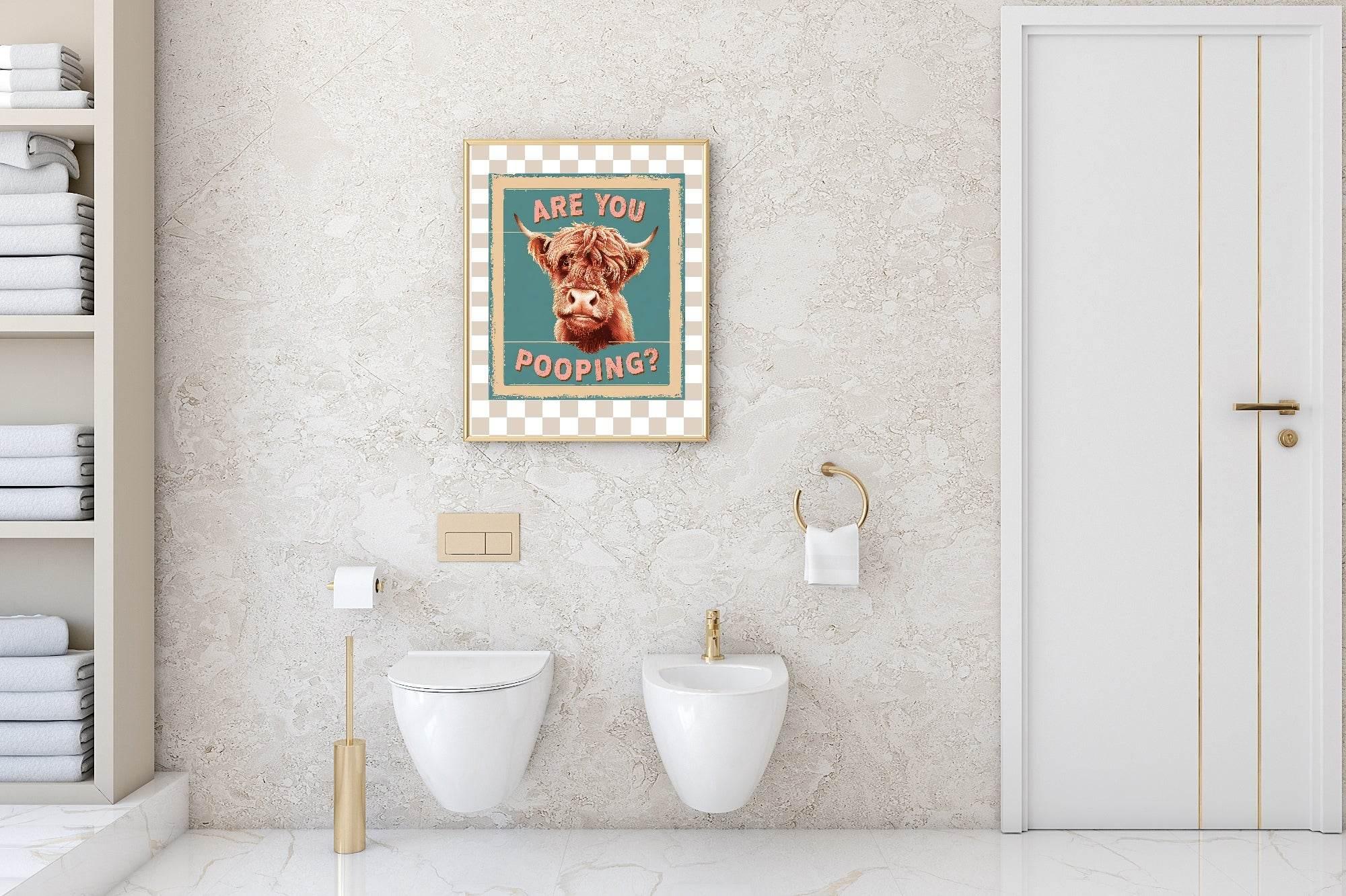 Are You Pooping Highland Cow Print | Checkerboard | Bathroom Wall Art - Larosier Prints