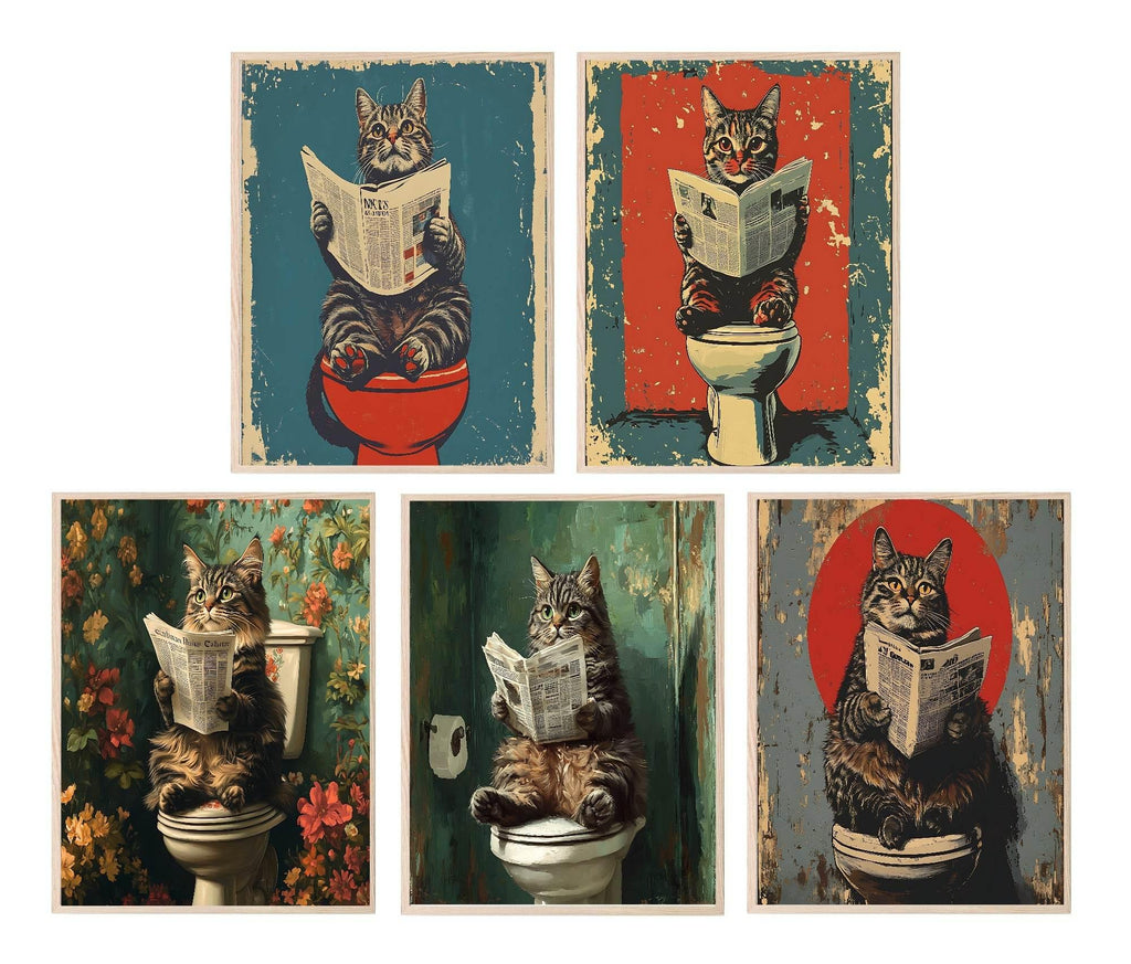 Cat Reading On The Toilet | Bathroom Humour Wall Art - Larosier Prints