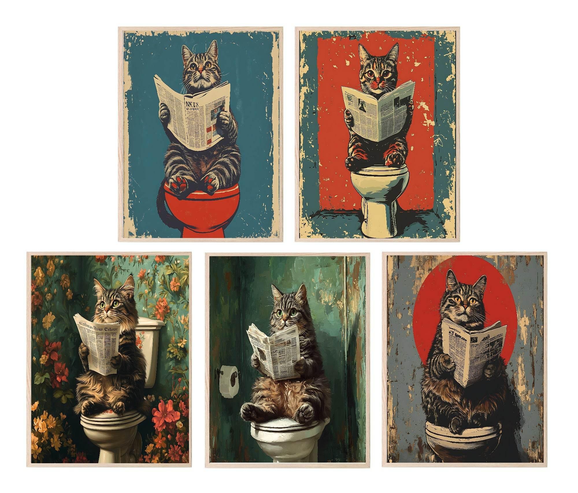Cat Reading On The Toilet | Bathroom Humour Wall Art - Larosier Prints