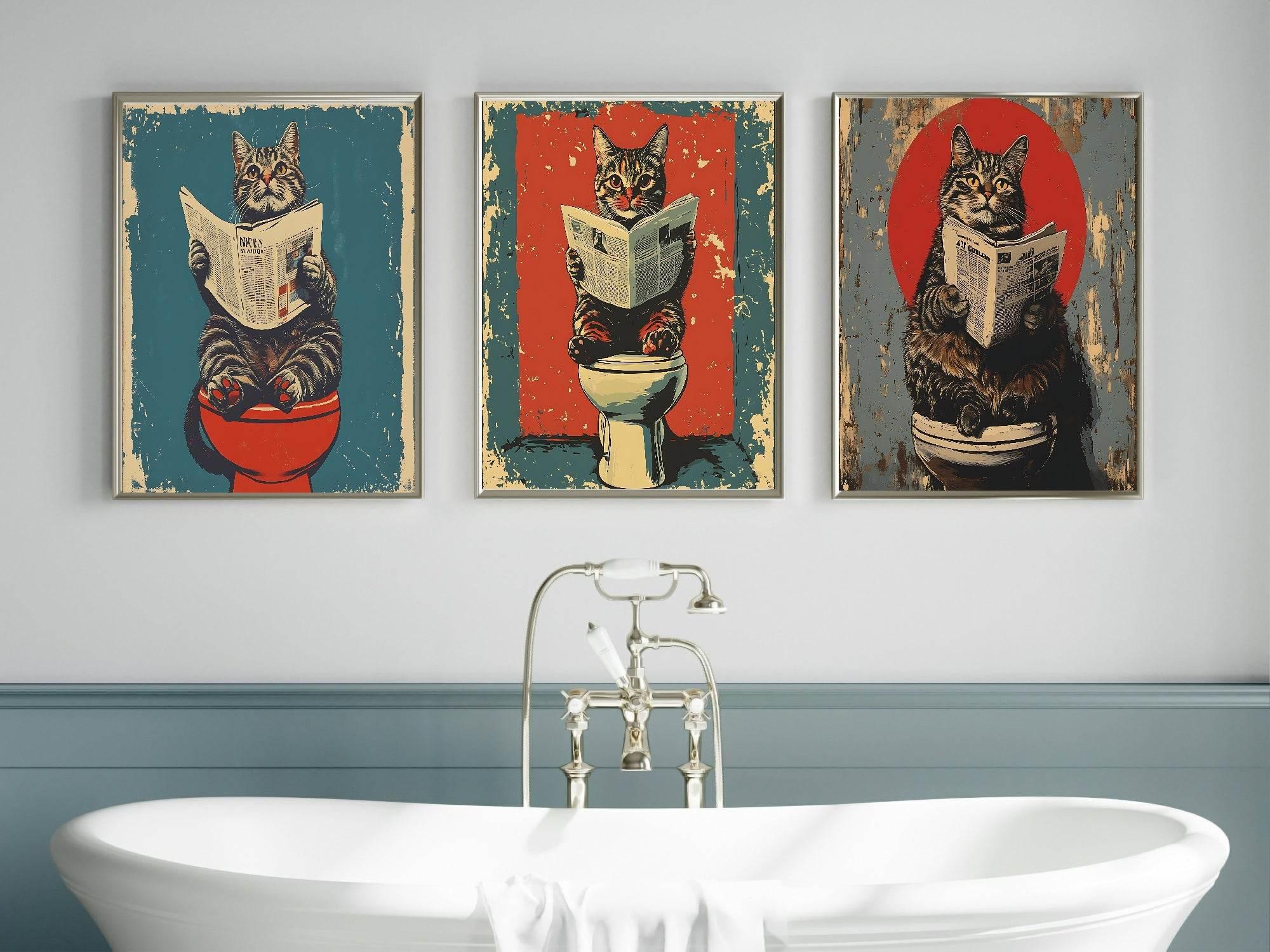Cat Reading On The Toilet | Bathroom Humour Wall Art - Larosier Prints