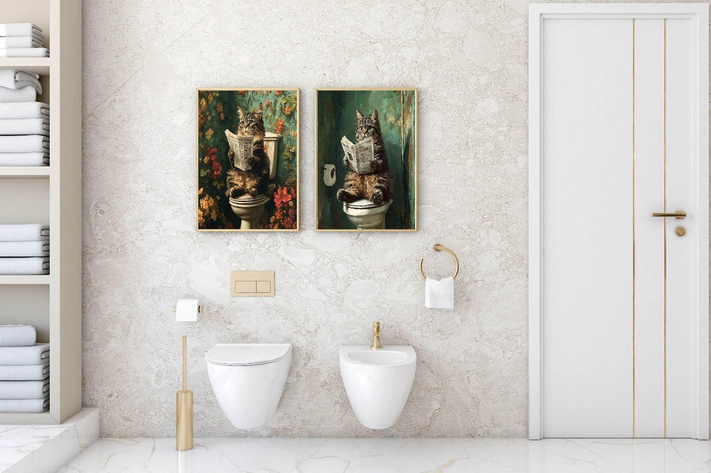 Cat Reading On The Toilet | Bathroom Humour Wall Art - Larosier Prints