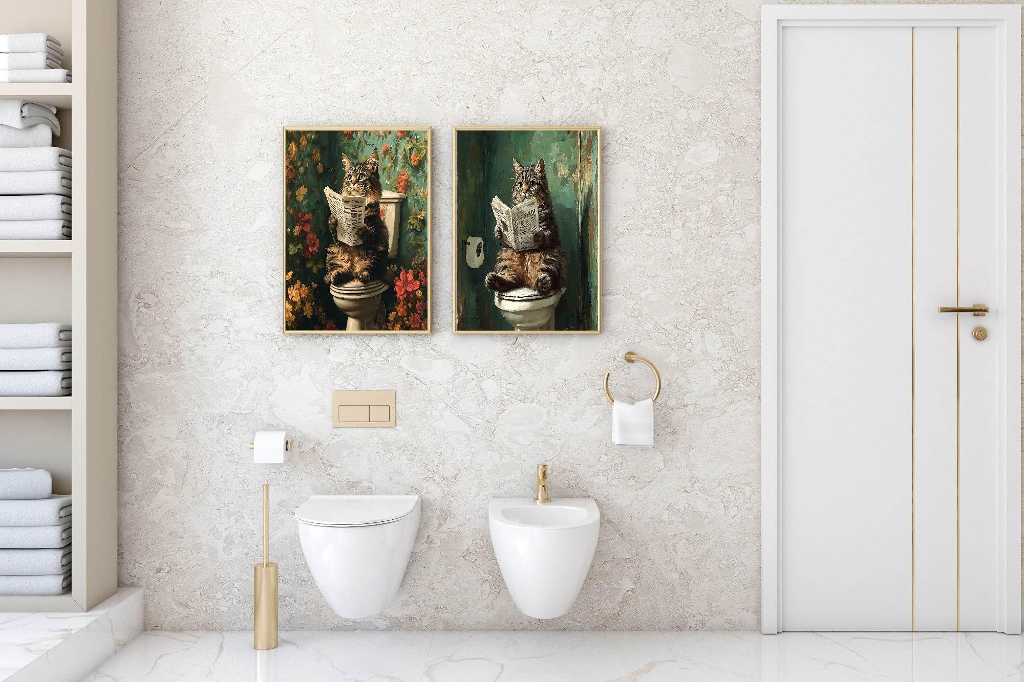 Cat Reading On The Toilet | Bathroom Humour Wall Art - Larosier Prints
