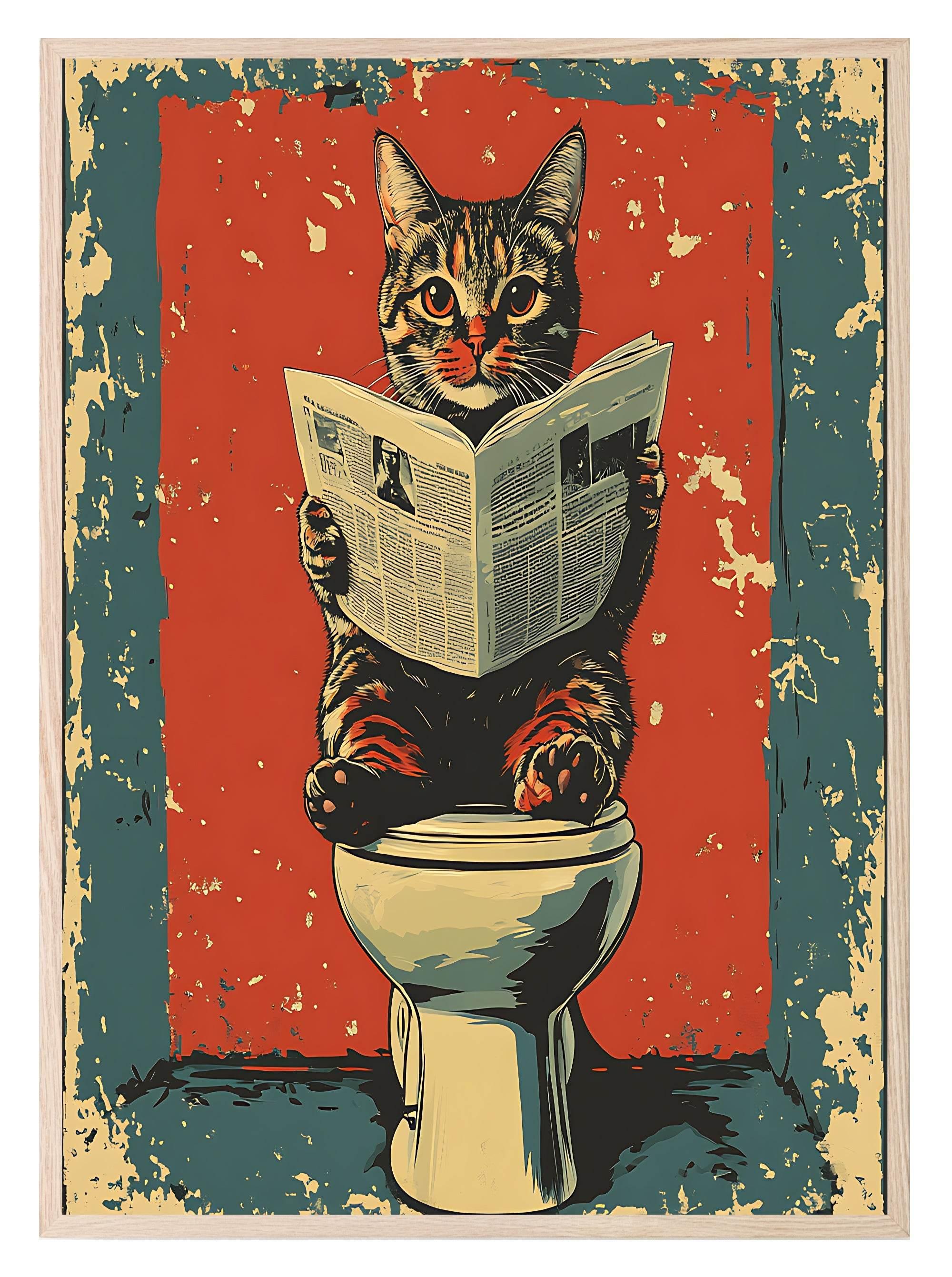 Cat Reading On The Toilet | Bathroom Humour Wall Art - Larosier Prints