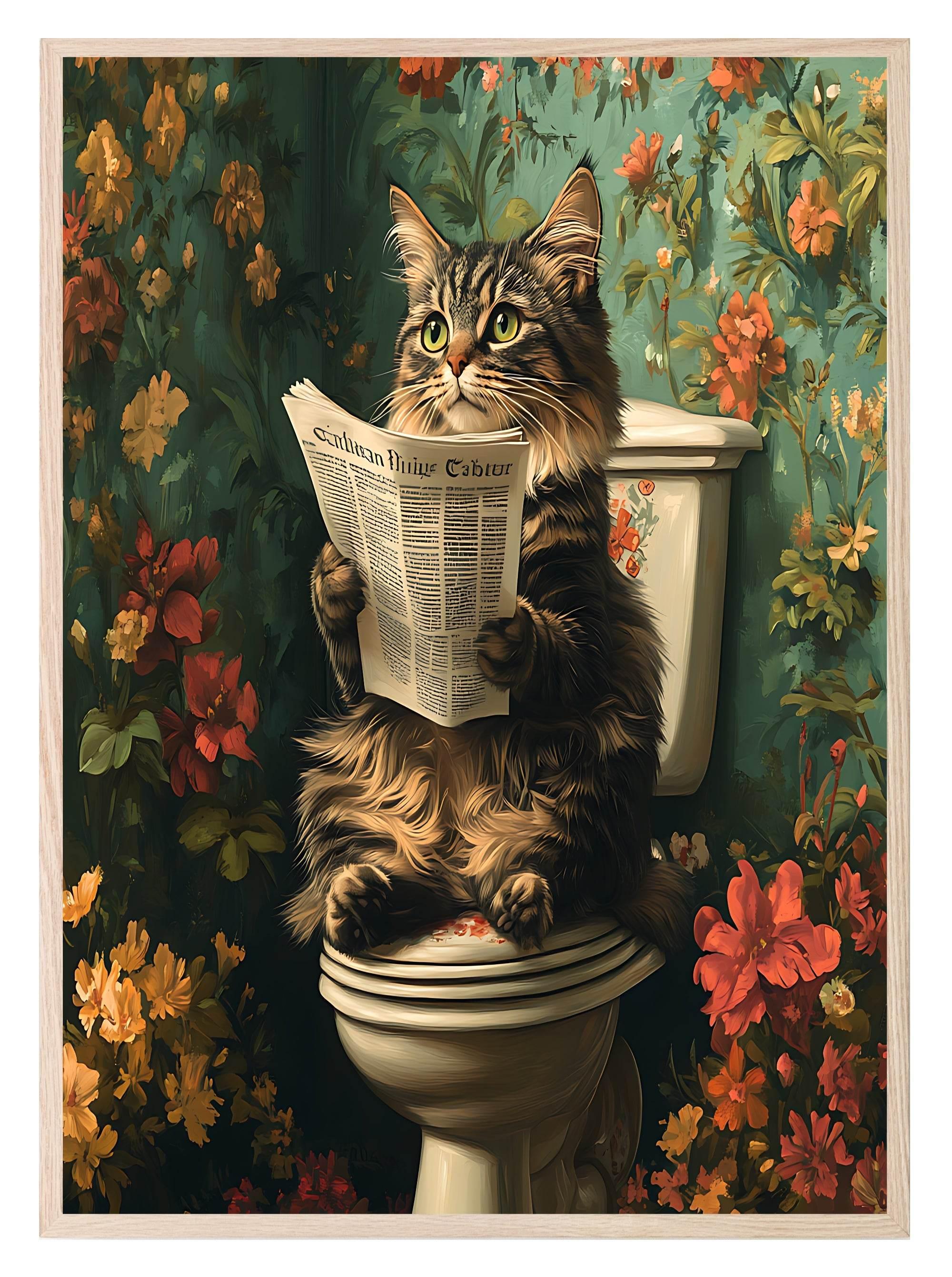 Cat Reading On The Toilet | Bathroom Humour Wall Art - Larosier Prints