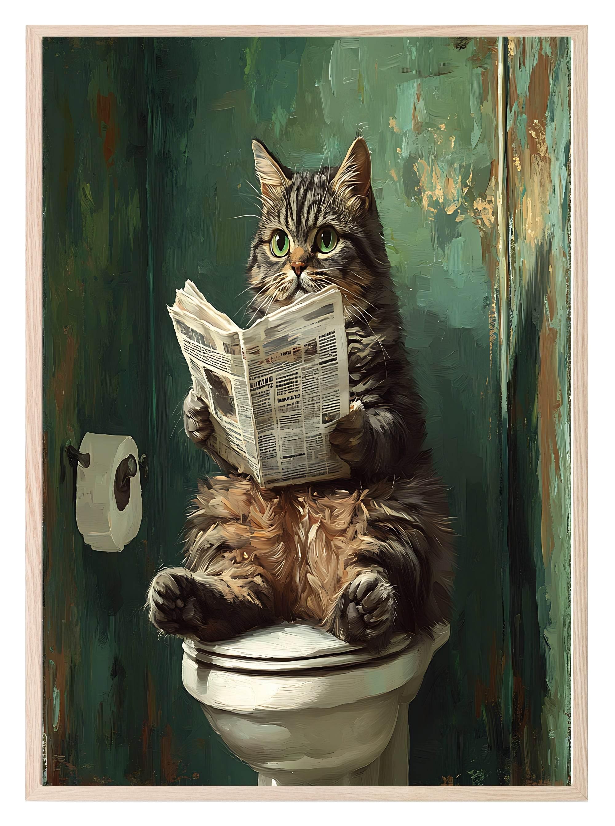 Cat Reading On The Toilet | Bathroom Humour Wall Art - Larosier Prints