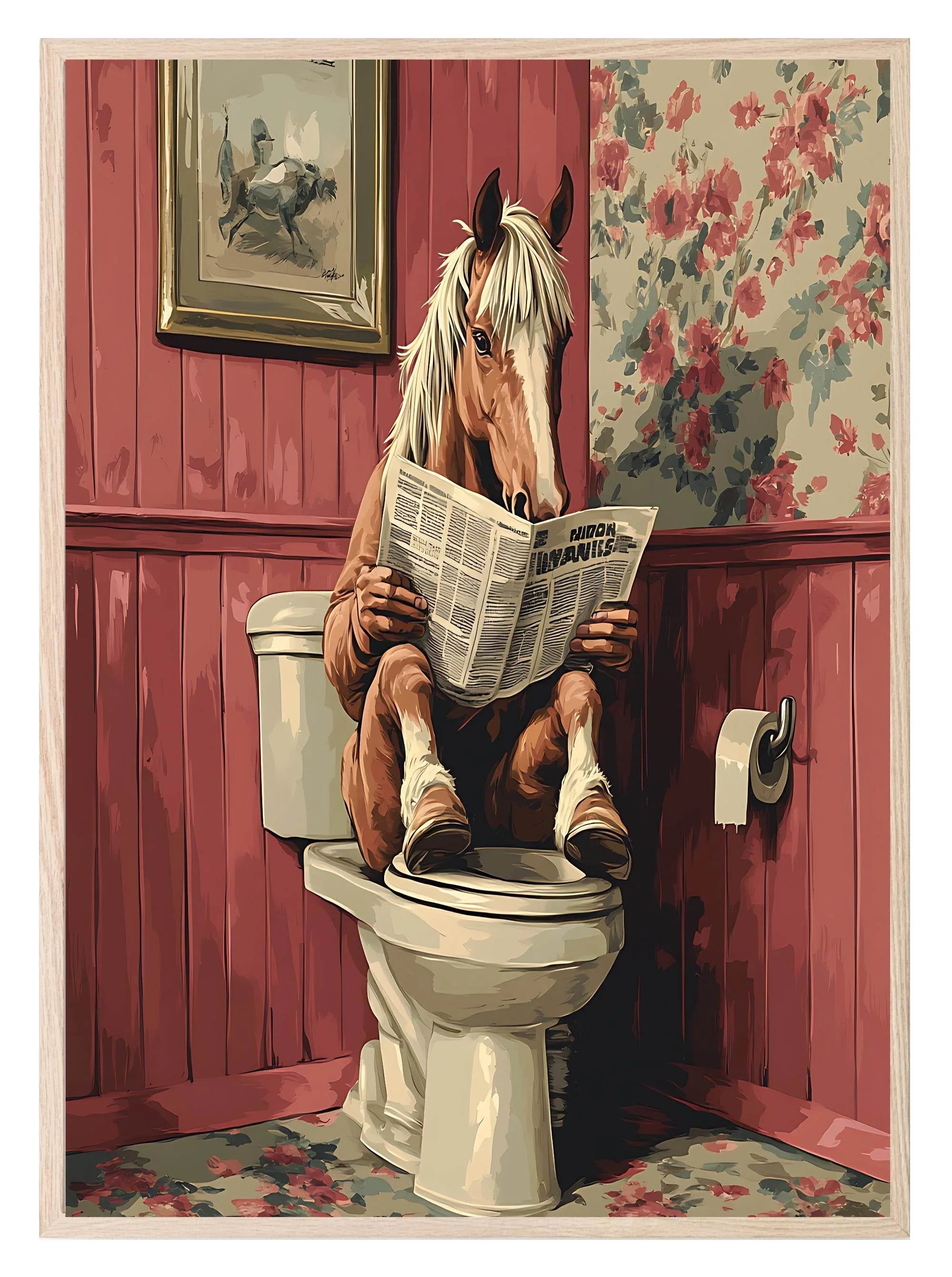 Horse Reading On The Toilet | Bathroom Humour Wall Art - Larosier Prints
