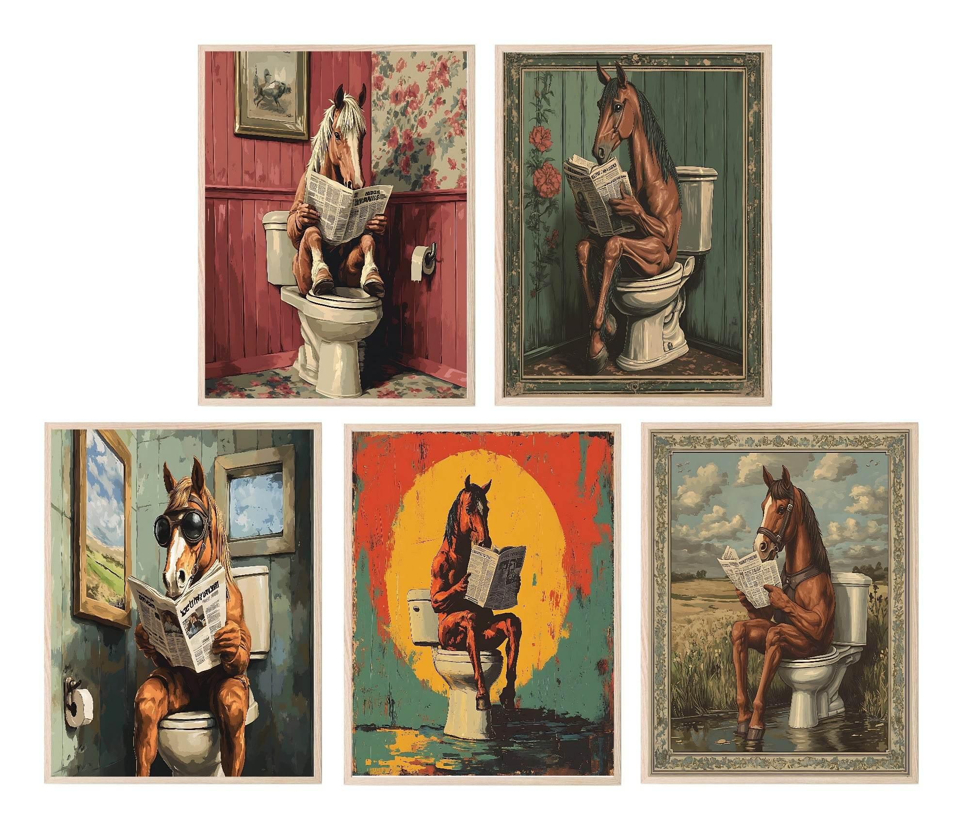Horse Reading On The Toilet | Bathroom Humour Wall Art - Larosier Prints
