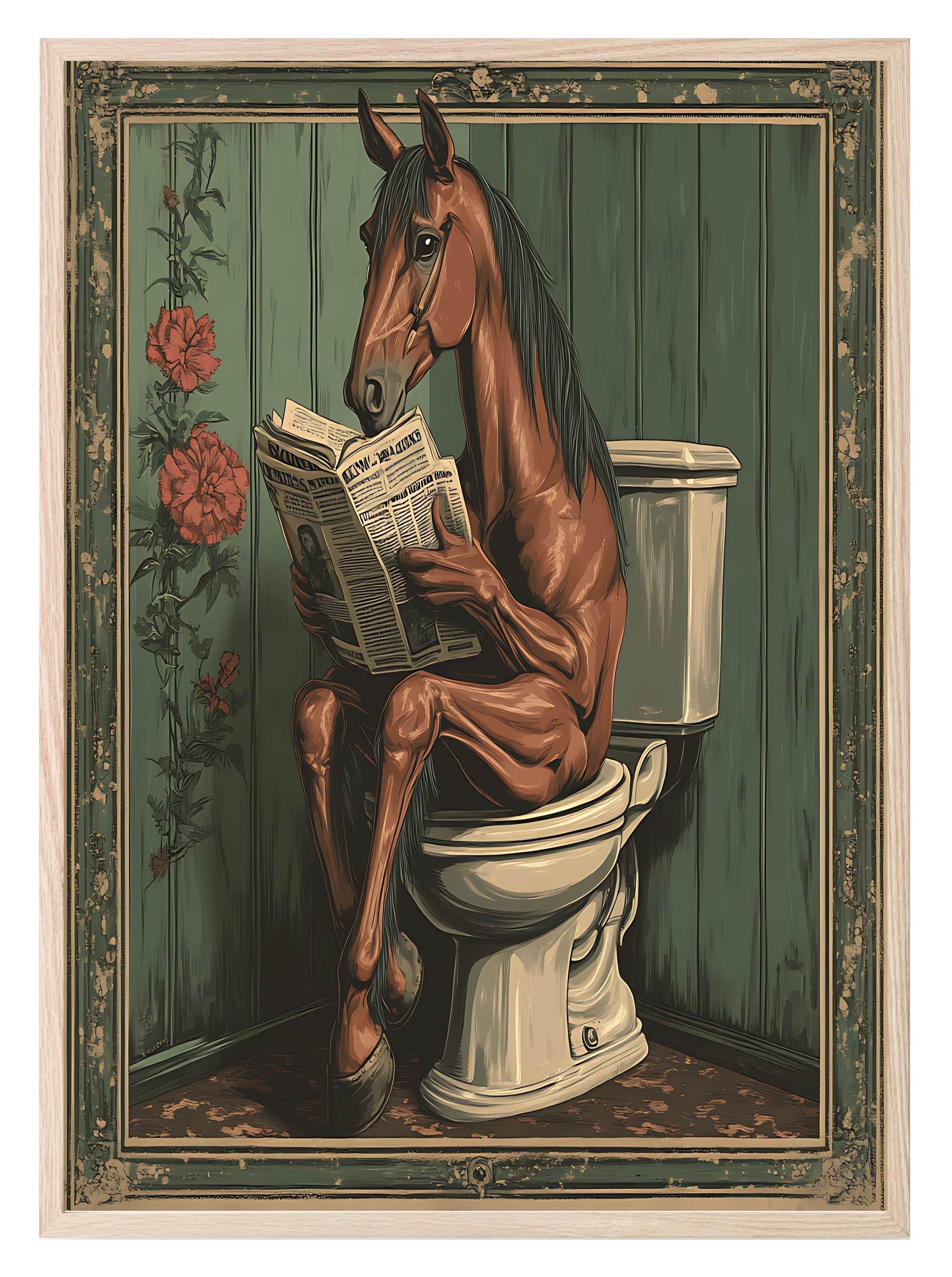 Horse Reading On The Toilet | Bathroom Humour Wall Art - Larosier Prints