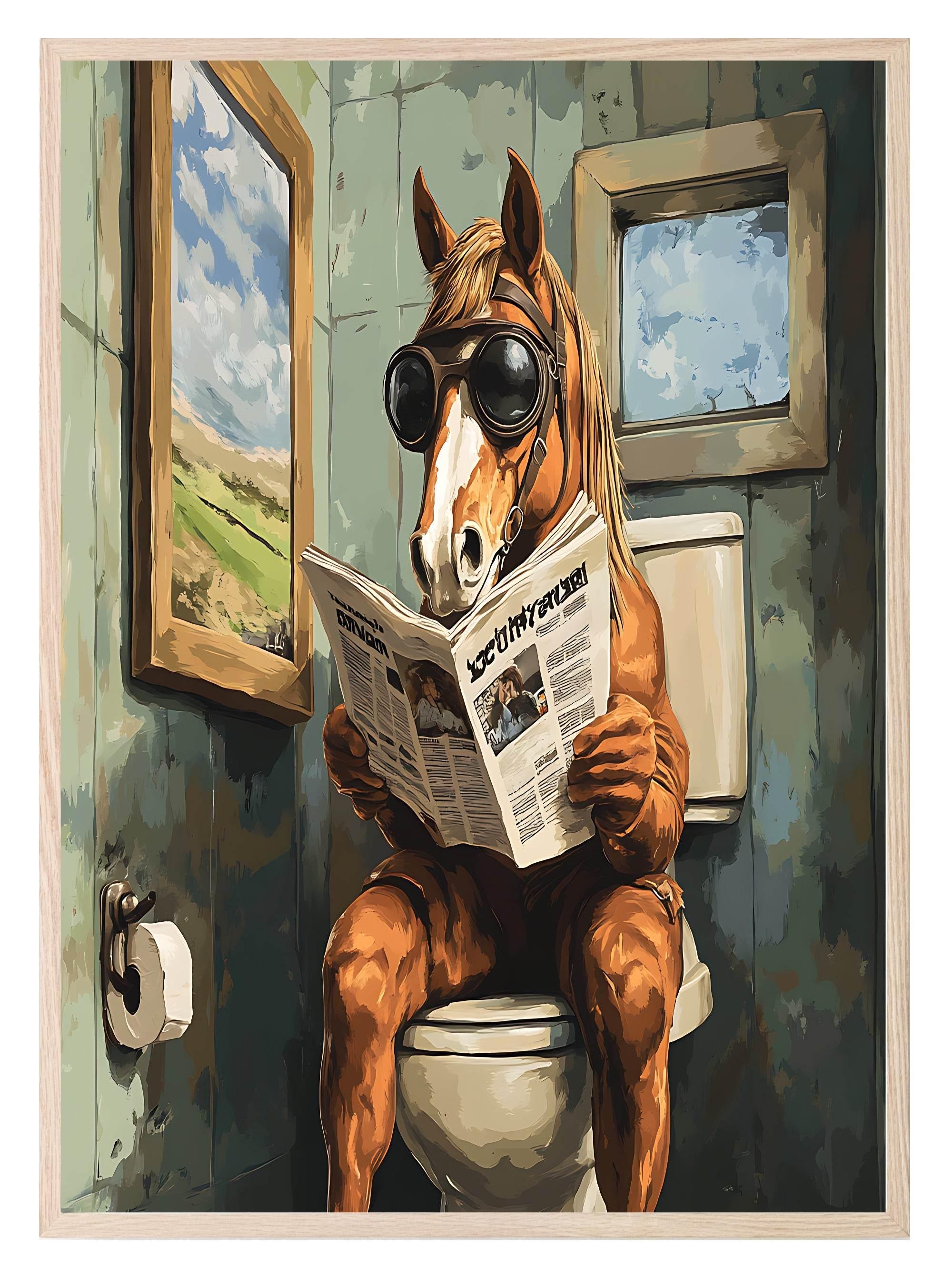 Horse Reading On The Toilet | Bathroom Humour Wall Art - Larosier Prints