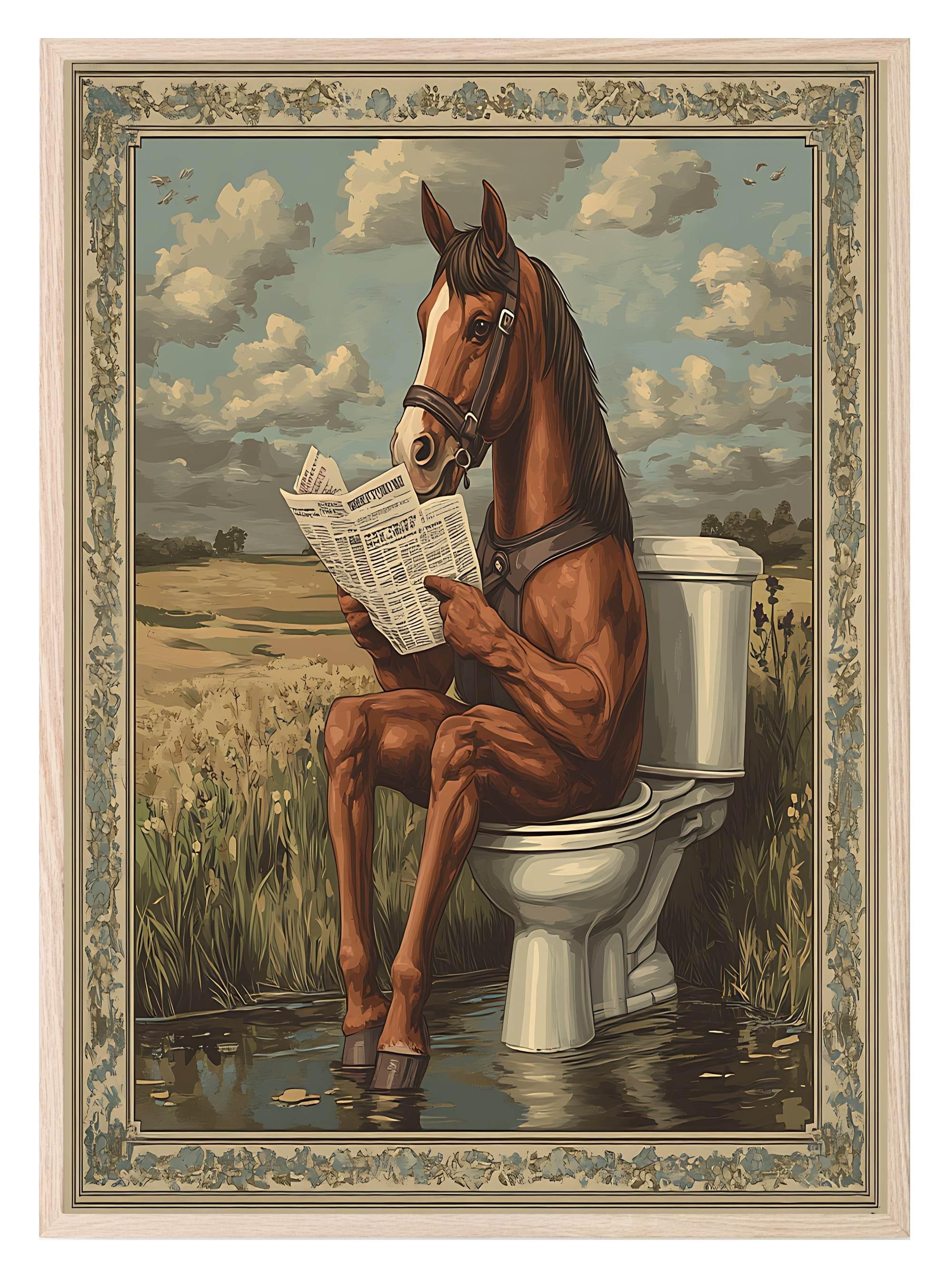 Horse Reading On The Toilet | Bathroom Humour Wall Art - Larosier Prints